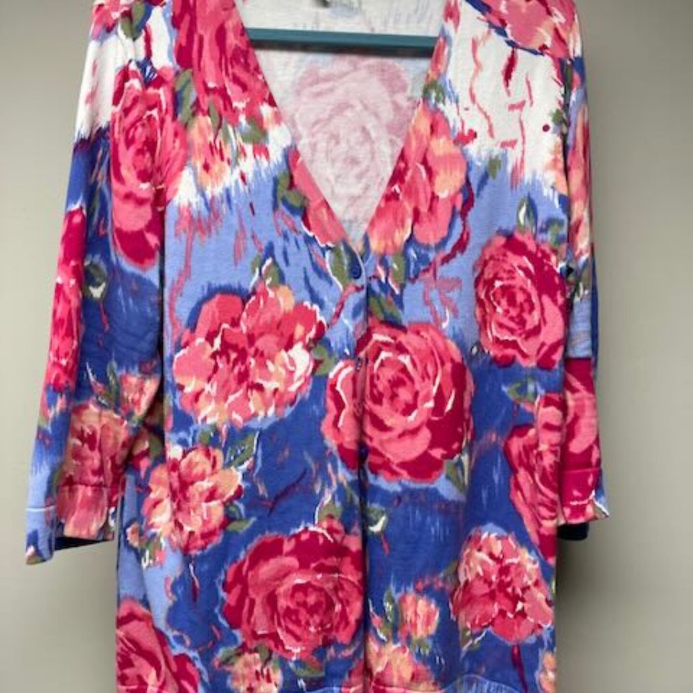 Isaac Mizrahi Live 3/4 sleeved cotton cardigan, periwinkle & pink, 1X, like new!